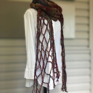 Hand Crocheted Red Tan Purple Pink Blue Boucle Extra Long Net Fringed Scarf